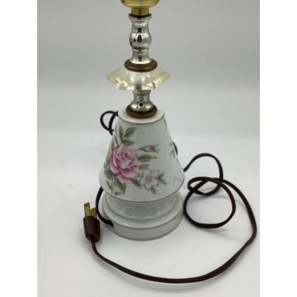 Vintage small PORCELAIN LAMP with PINK ROSES & FLOWERS on white. 13” H - Picture 3 of 4